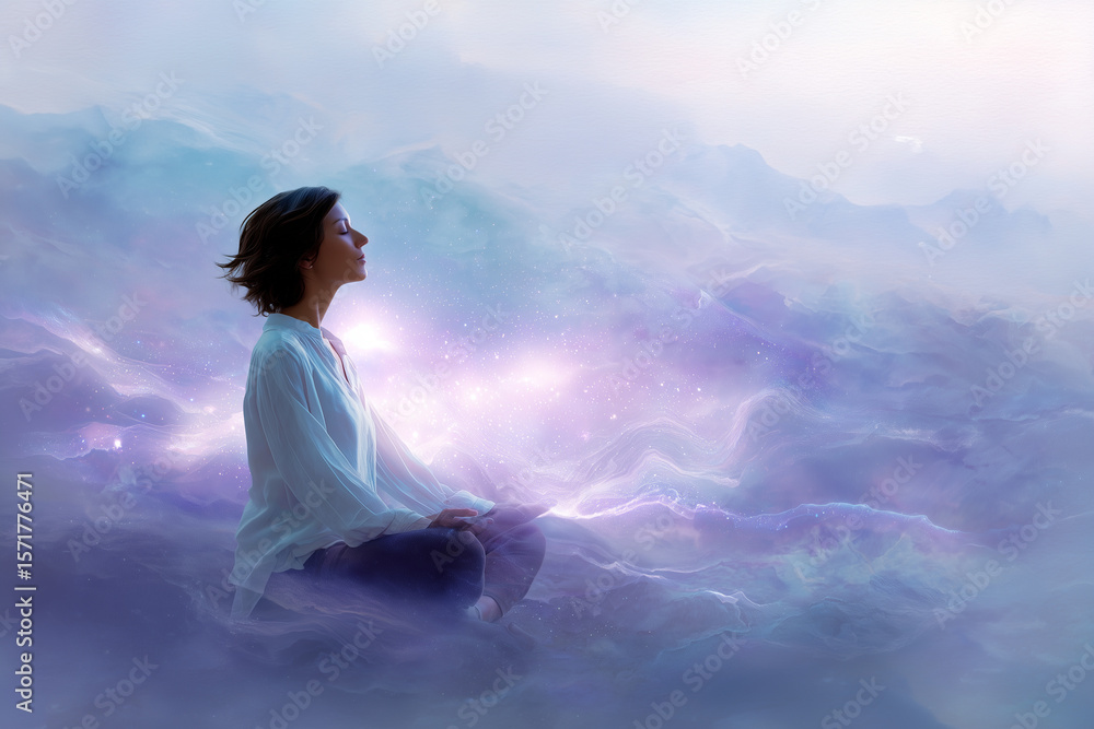Peaceful woman meditating in a dreamy cosmic landscape with ethereal light and calm energy Peaceful woman meditating in a dreamy cosmic landscape with ethereal light and calm energy