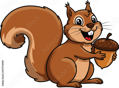 Cartoon squirrel cad drawing flat vector illustration, cute woodland animal holding acorn, cheerful forest creature with big tail, front pose