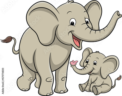Cute Cartoon Elephant Mom and Baby Illustration, Happy Animal Family Drawing, Adorable Wildlife Character for Kids Book, Poster, or Print
