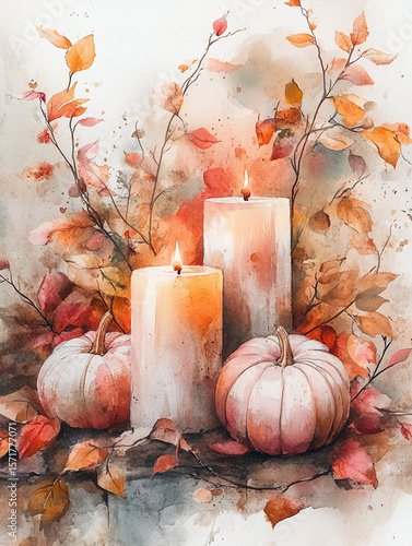 Candles, pumpkins and autumn leaves illustration