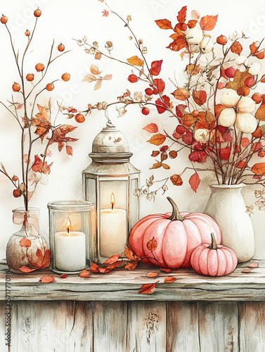 Candles, pumpkins and autumn leaves illustration