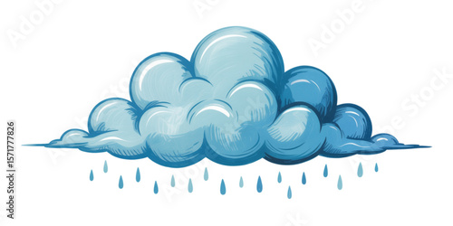 Blue Fluffy Cloud Hand Drawn Illustration in Pastel Watercolor Style, Cumulus Cartoon Element with Soft Contour, Sky Scene for Weather Clipart, Transparent Background for Kids or Dreamy Design