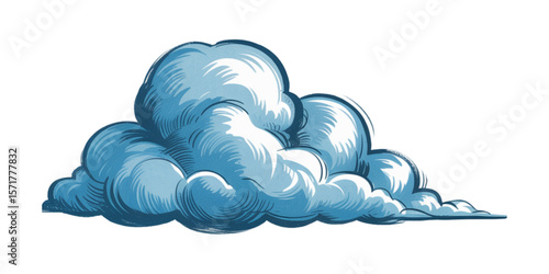 Blue Fluffy Cloud Hand Drawn Illustration of Cumulus Sky Element, Pastel Cartoon Cloud with Soft Contour, Ethereal Airy Watercolor Style, Transparent Background, Dreamy Weather Clipart for Design