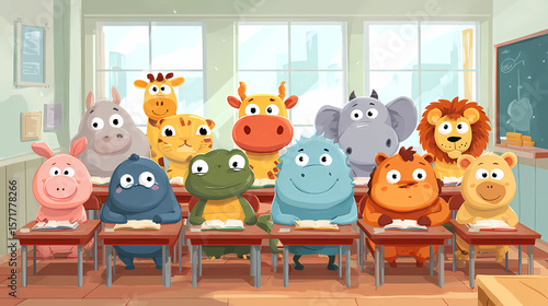 Learning Is Fun: Cartoon Animals in a Colorful Classroom