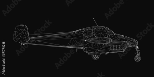 A 3D wireframe model of a small airplane floats against a black background, showcasing realistic structural details. The sleek design highlights the aircraft's aerodynamic shape with precise lines.