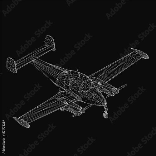 A 3D wireframe model of a small airplane stands out against a black background. The detailed mesh structure gives it a realistic appearance. The clean design highlights the plane's aerodynamic shape.
