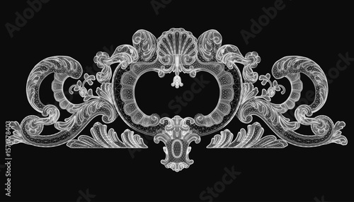 Intricate decorative ornament in black and white features detailed patterns and shapes. The elaborate design contrasts sharply against the dark background, emphasizing its artistic complexity.