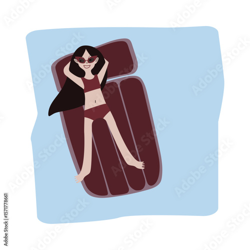 Pale dark-haired girl swims in the pool or sea on an inflatable mattress. Square scene. Vector illustration for advertising, poster, postcard or brochure about your tourist complex