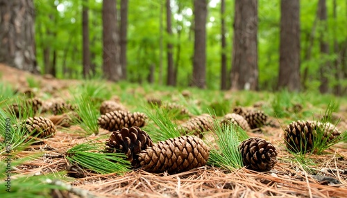 Pine cones on forest floor