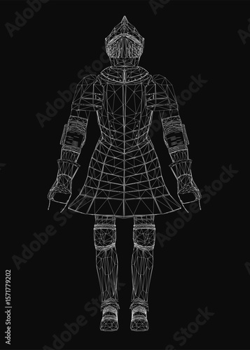 A medieval knight in full armor stands ready for battle, wearing a detailed helmet, breastplate, and gauntlets. He grips a sword in one hand and a shield in the other.