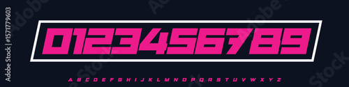 Font Logo Numbers Numeric Alphabet Typography Design Vector Type Typeface. Slanted Geometric Block Digits for racing numbers, sport tournament visual, game merch, high-speed branding.
