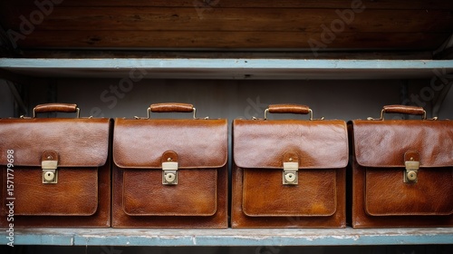 Brown leather briefcases on shelves