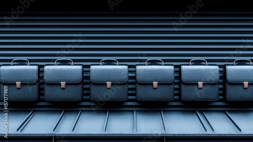 Row of dark briefcases against a corrugated metal wall