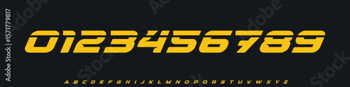 Font Logo Numbers, Numeric Alphabet Typography Design, Vector Type Typeface. Slashed racing digits with forward speed cut for scoreboard, team sports jerseys, fast-action titles, dynamic merch