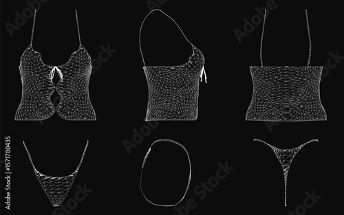 Unique lingerie pieces arranged symmetrically on a black background, featuring varied designs and a gradient of light to dark colors. The composition creates an alluring and mysterious aesthetic.