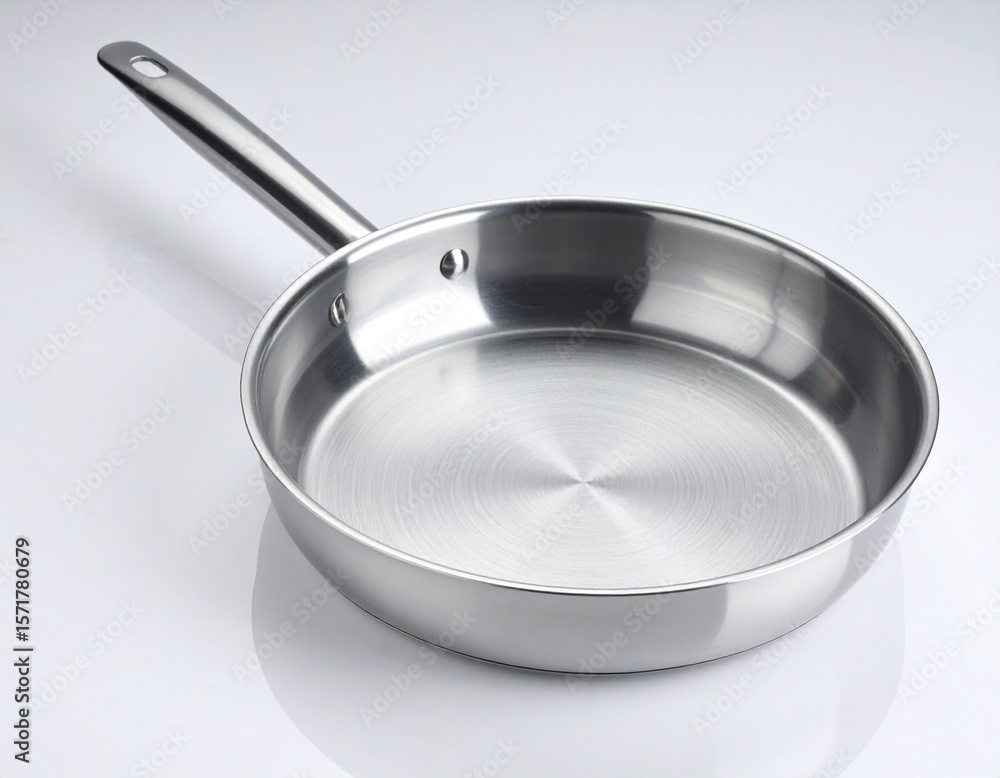 Shiny Stainless Steel Frying Pan on White Surface with Handle and Shadow Shiny Stainless Steel Frying Pan on White Surface with Handle and Shadow