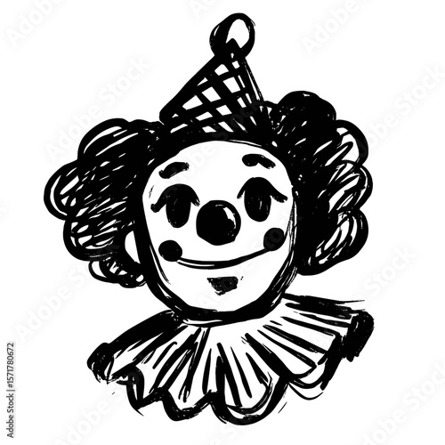 Clown character with curly hair and cheerful expression in sketch style  