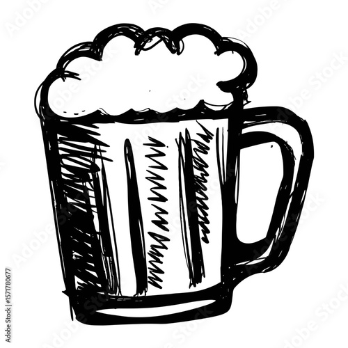 Hand-drawn beer mug with frothy head in sketch style  