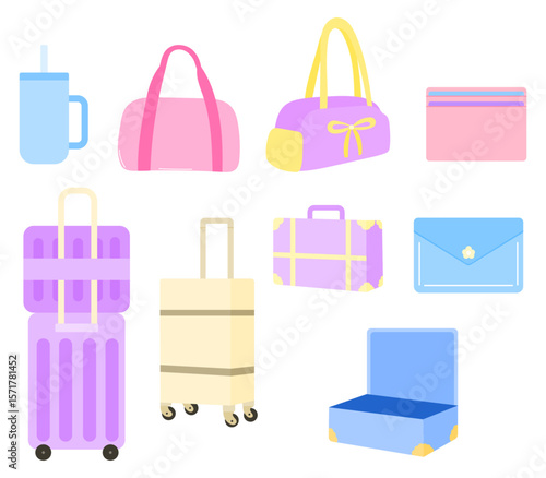 travel luggage and accessories sticker set with suitcase, wallet, cardholder and tumbler
