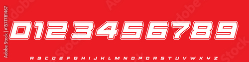 Slanted numeric font, outlined racing letters, speed-force structure for jersey score design, bold motion, drift tournament vibe, fast esport digits. Vector typeset