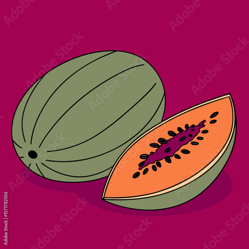 Ripe melon and cut half displaying seeds on colorful background  