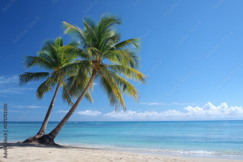 Fototapeta premium Twin Palm Trees Against a Sunny Ocean Backdrop – Ideal for Vacation and Travel Themes
