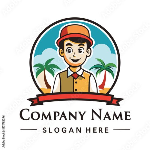 Smiling person in a hat, tropical setting logo