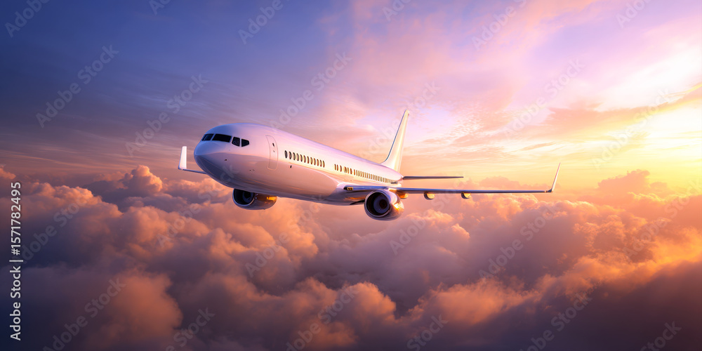 Obraz premium A commercial airplane flying above beautiful clouds during sunset or sunrise. Perfect for themes of travel, aviation, adventure, and global connection