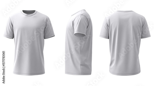Three views of a white t shirt showcasing front side and back isolated on black