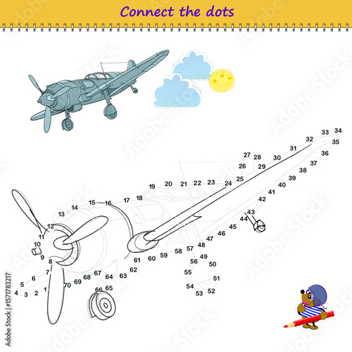 Connect the dots from 1 to 70 and draw the airplane. Trace the line between numbers. Coloring book. Develop counting skills. Logic puzzle game for children. Educational page. Vector image.