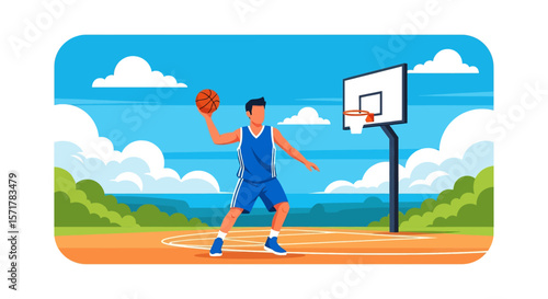 Adobe Illustrator artwork flat style illustration of a basketball player dribbling a ball on an outdoor court with a hoop, bushes, and a bright sky in summer beach