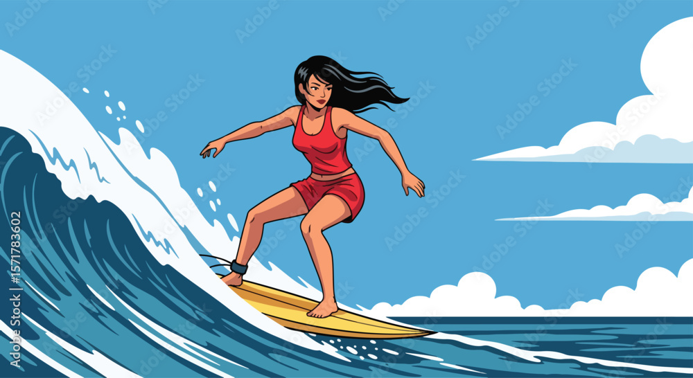 Adobe Illustrator artwork flat style illustration of a dynamic woman surfing a large wave, showcasing an exciting summer sport and beach lifestyle Adobe Illustrator artwork flat style illustration of a dynamic woman surfing a large wave, showcasing an exciting summer sport and beach lifestyle