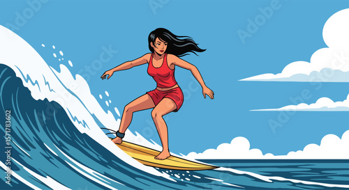 Adobe Illustrator artwork flat style illustration of a dynamic woman surfing a large wave, showcasing an exciting summer sport and beach lifestyle