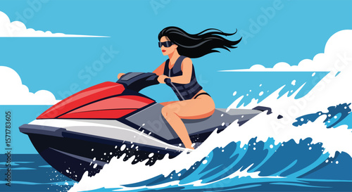 Adobe Illustrator vector flat style illustration of a woman riding a jet ski on a wavy ocean near a tropical island with palm trees under a bright sky