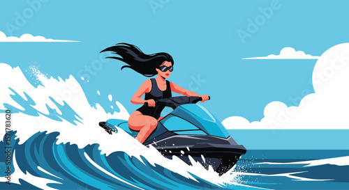 Adobe Illustrator vector flat style illustration of a woman riding a jet ski on a wavy ocean near a tropical island with palm trees under a bright sky