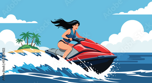 Adobe Illustrator vector flat style illustration of a woman riding a jet ski on a wavy ocean near a tropical island with palm trees under a bright sky