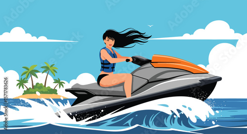 Adobe Illustrator vector flat style illustration of a woman riding a jet ski on a wavy ocean near a tropical island with palm trees under a bright sky