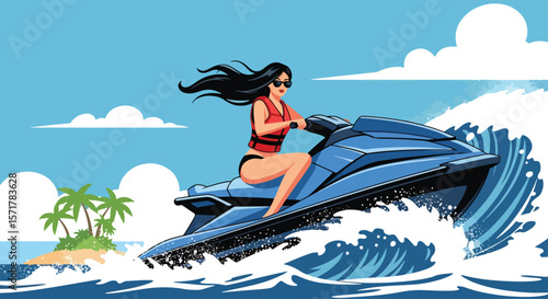 Adobe Illustrator vector flat style illustration of a woman riding a jet ski on a wavy ocean near a tropical island with palm trees under a bright sky