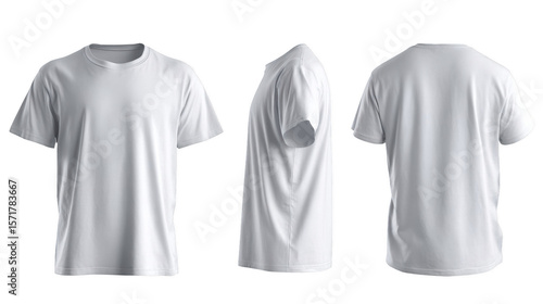Three views of a plain white t shirt on a black background front side and back