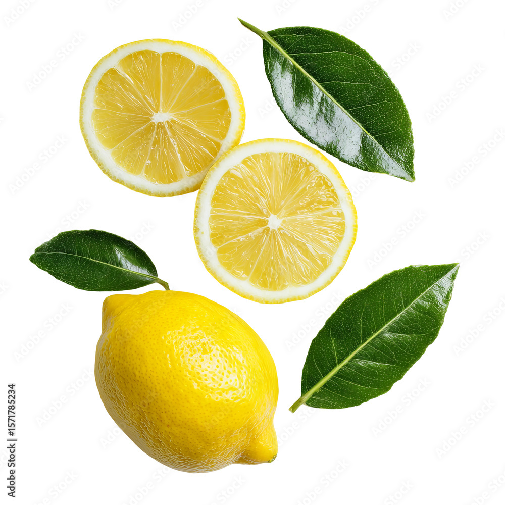 custom made wallpaper toronto digitalA fresh lemon and slices with green leaves, ideal for refreshing drinks or culinary uses. The vibrant yellow citrus fruits are surrounded by lush green leaves