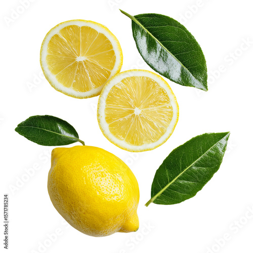 Wallpaper Mural A fresh lemon and slices with green leaves, ideal for refreshing drinks or culinary uses. The vibrant yellow citrus fruits are surrounded by lush green leaves Torontodigital.ca