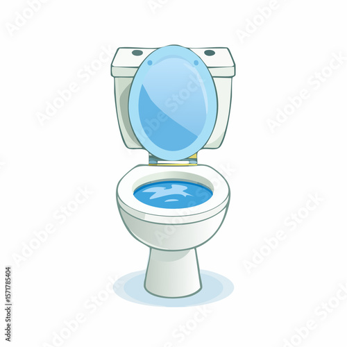 Toilet seat lid up – Open toilet seat with water visible.

