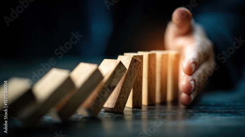Hand stopping a row of falling dominoes
