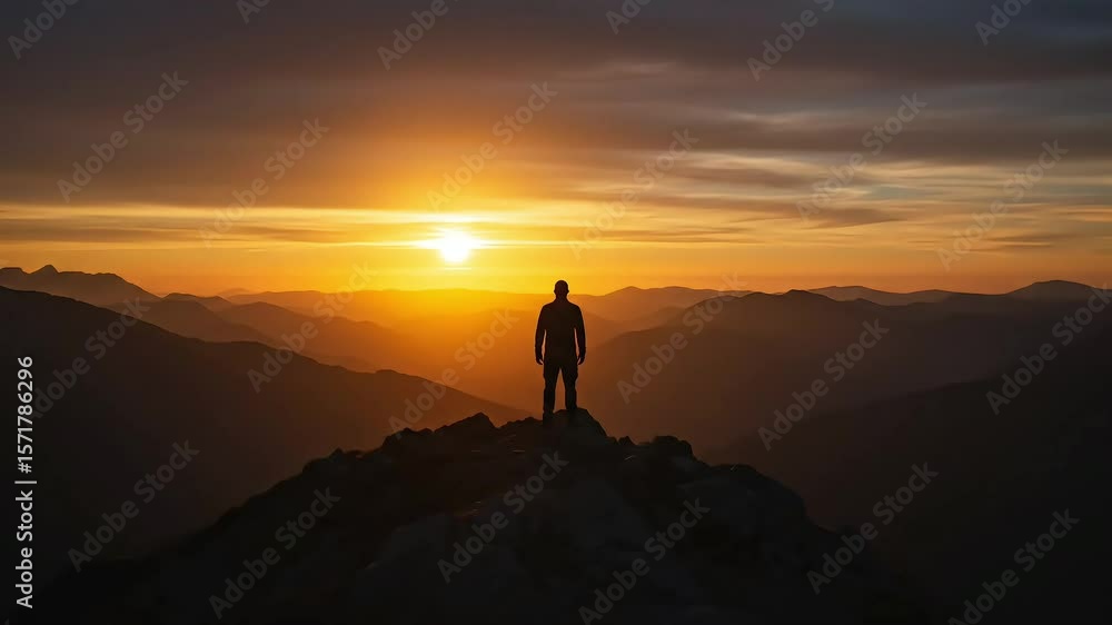 Silhouette of a Man on a Mountain Peak at Sunset Silhouette of a Man on a Mountain Peak at Sunset