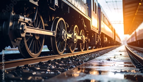 Close-up of vintage train wheels and tracks, sunbeams