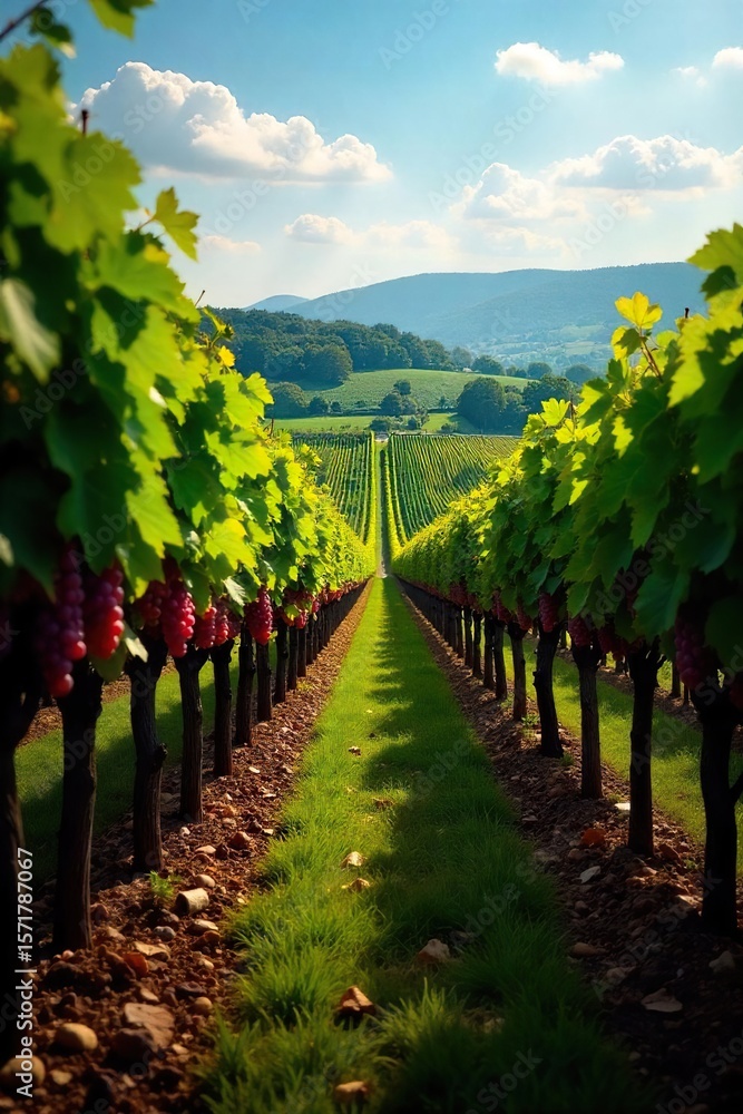 Naklejka premium Sun-Drenched Autumn Vineyard Ripe Grapes Hanging Heavy on Vines Ready for Harvest