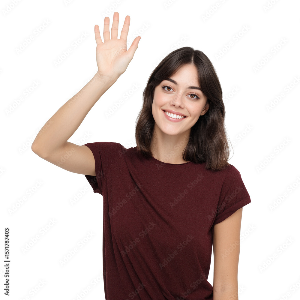 A woman waving goodbye with a bright isolated on transparent background png A woman waving goodbye with a bright isolated on transparent background png