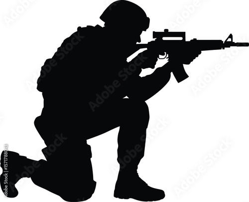 Silhouette of Soldier Kneeling with Rifle – Black Vector Military Illustration
