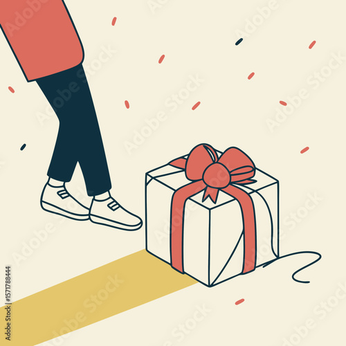 Person standing next to a festive gift box with red ribbon  