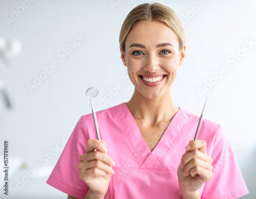 Firefly dental hygienist in pink scrubs ready for patient care with dental scaler and mirror